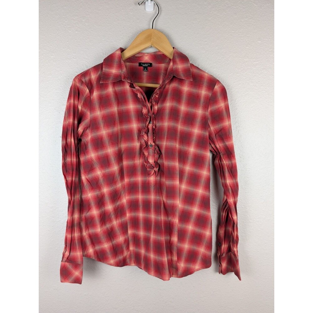 Talbots Red Plaid Ruffled Blouse Sz 8 Popover Preppy Boho 179
